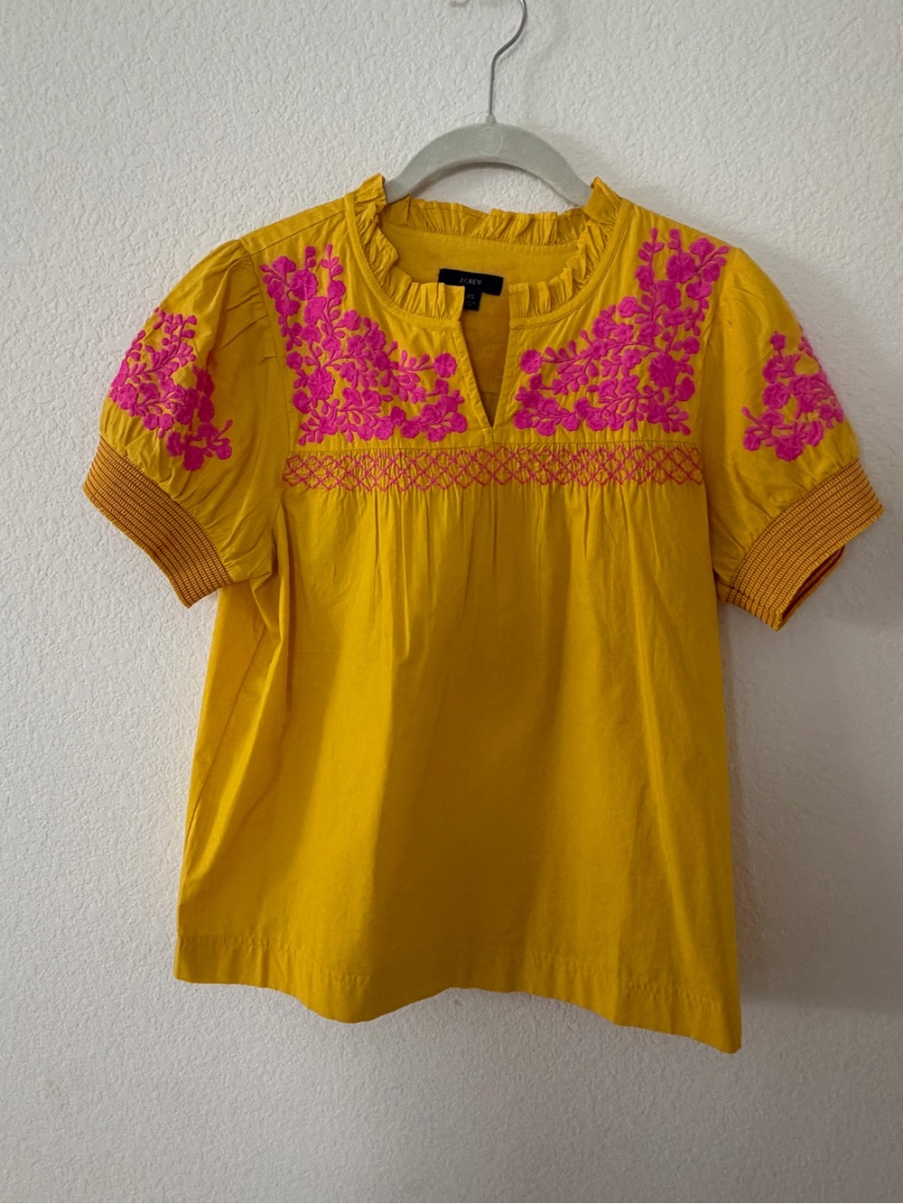 J. Crew Yellow Short-Sleeve Top with Hot Pink Floral Embroidery